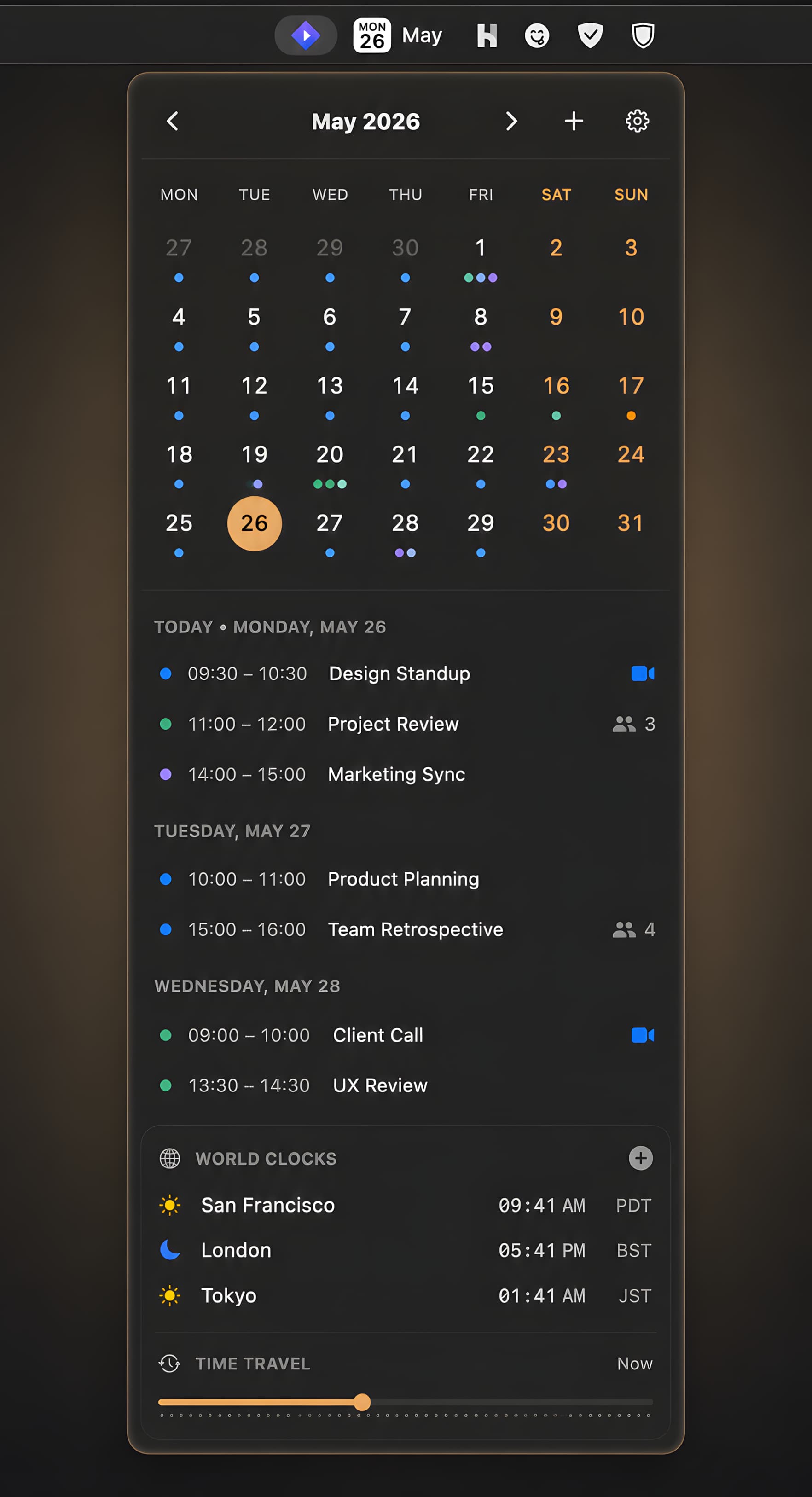 Aika menu bar calendar showing monthly view, upcoming events, and world clocks